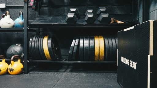 a gym area with a rack of exercise equipment