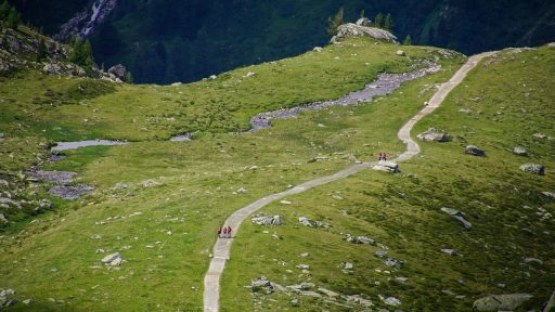 Groep mannen van middelbare leeftijd op een bergpad tijdens een avontuurlijke groepsreis