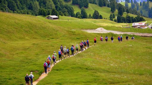 Een kleine groep wandelaars op een bergpad tijdens een trektocht