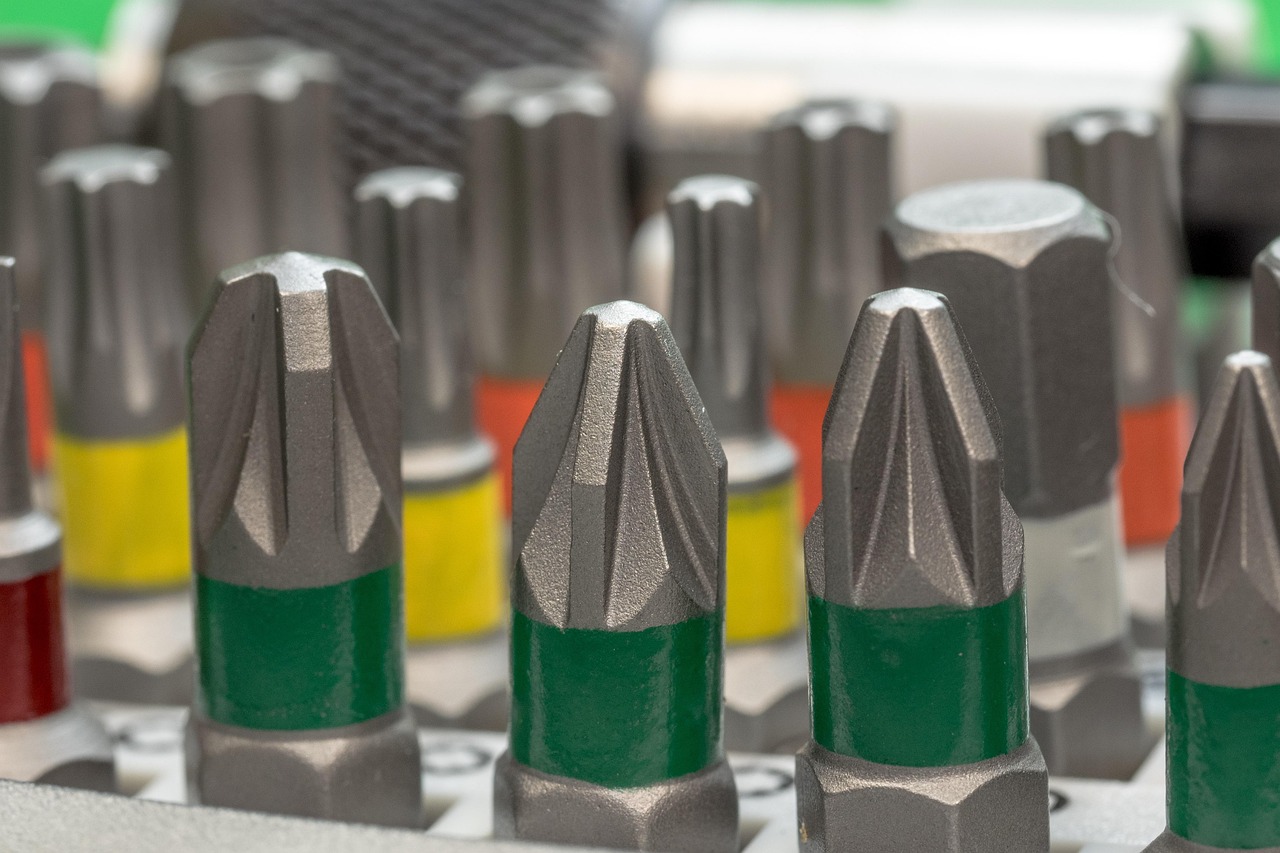 Wera bits assortiment met verschillende schroefprofielen zoals Pozidriv, Torx en Phillips naast elkaar